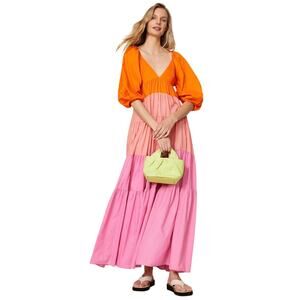 STAUD Meadow Dress Small NWT Colorblock Maxi Dress Monarch Coral Puff Sleeve